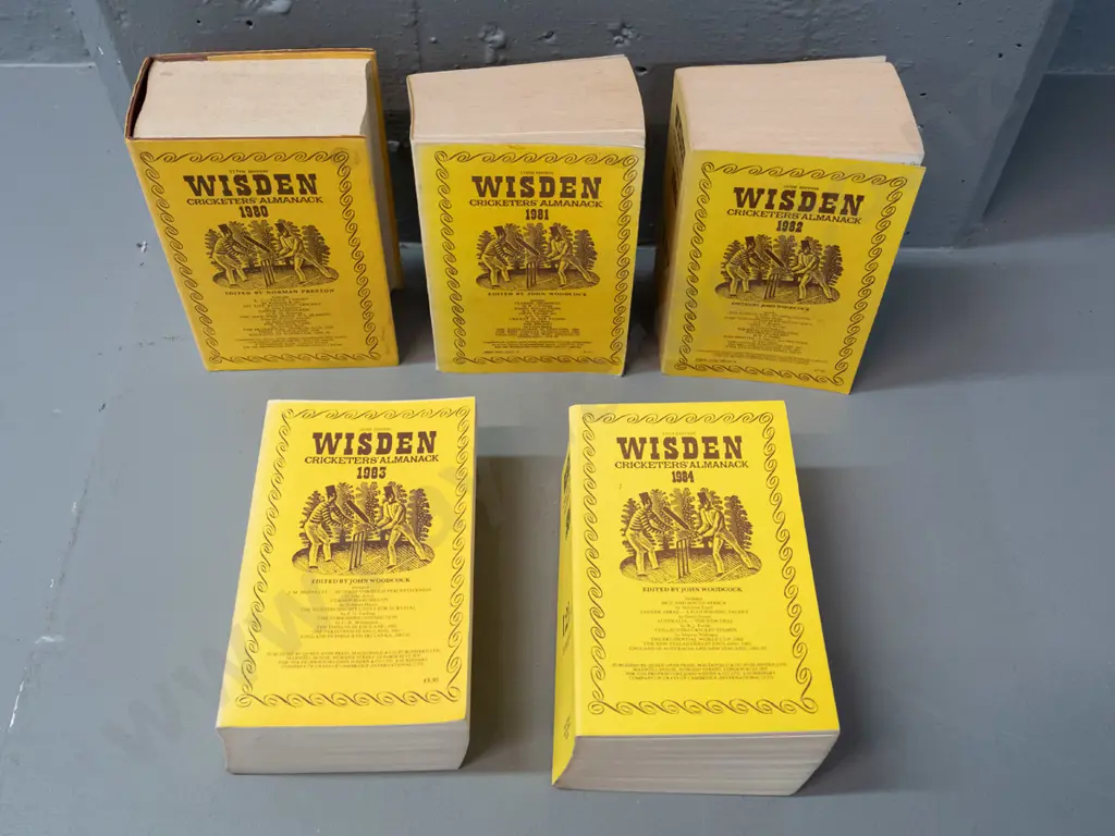 5 Wisden Cricketer's Almanack books - 1980 thru 1984 - some wear, fading & marks Image 1++