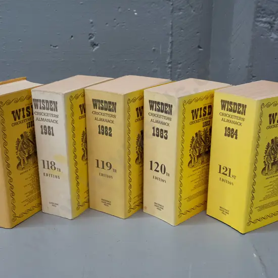 5 Wisden Cricketer's Almanack books - 1980 thru 1984 - some wear, fading & marks