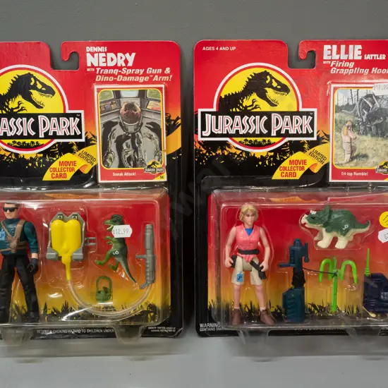 2x carded Jurassic Park 1993 Kenner Toys action figure sets: Ellie Sattler & Dennis Nedry