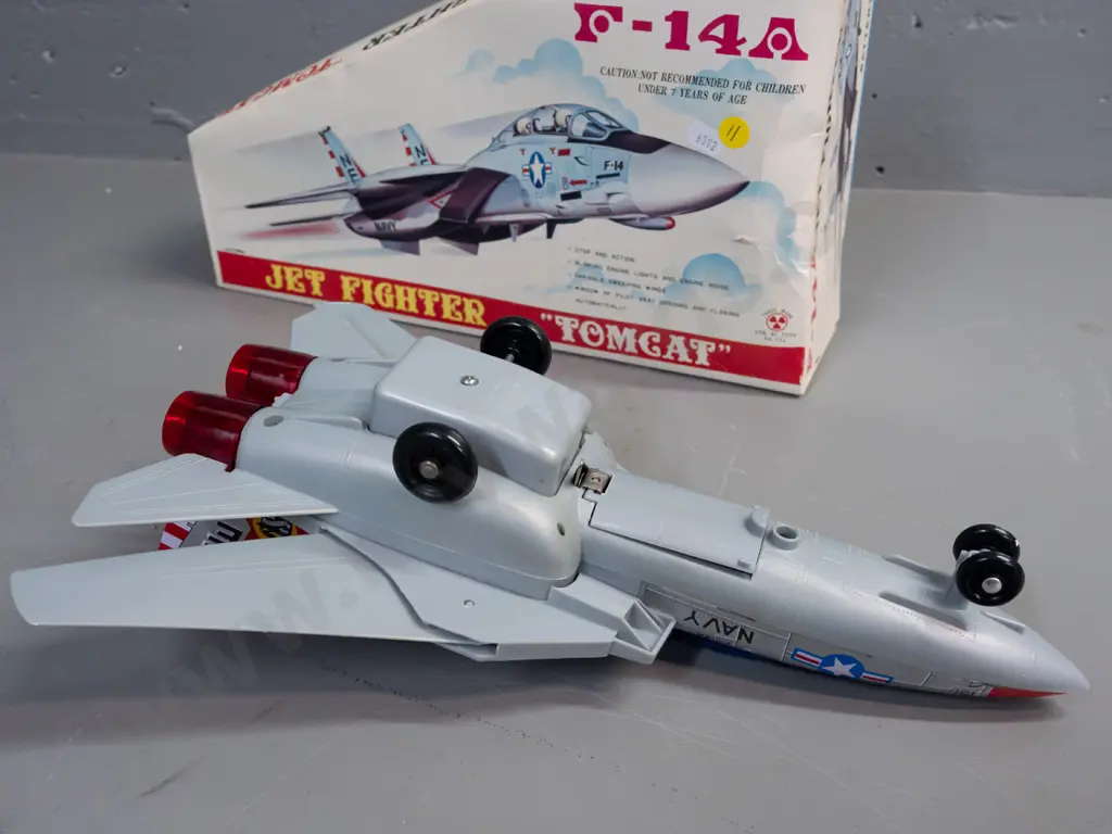 Retro metal and plastic battery-operated F-14A Jet Fighter, w/ original box. Made in Taiwan. Image 1++