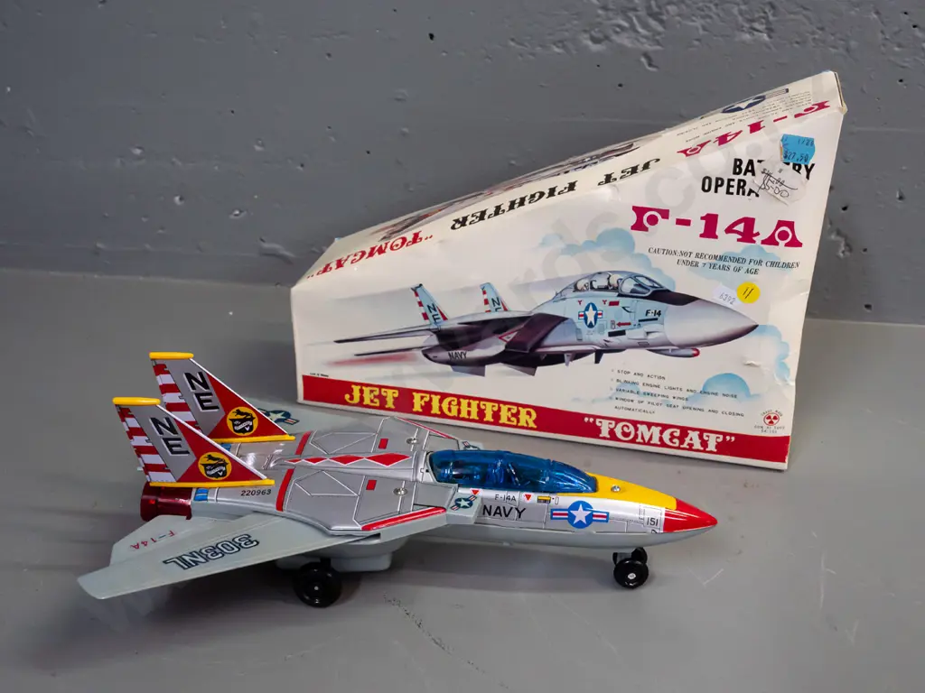 Retro metal and plastic battery-operated F-14A Jet Fighter, w/ original box. Made in Taiwan. Image 1++