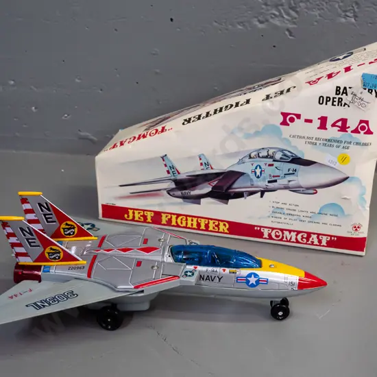 Retro metal and plastic battery-operated F-14A Jet Fighter, w/ original box. Made in Taiwan.