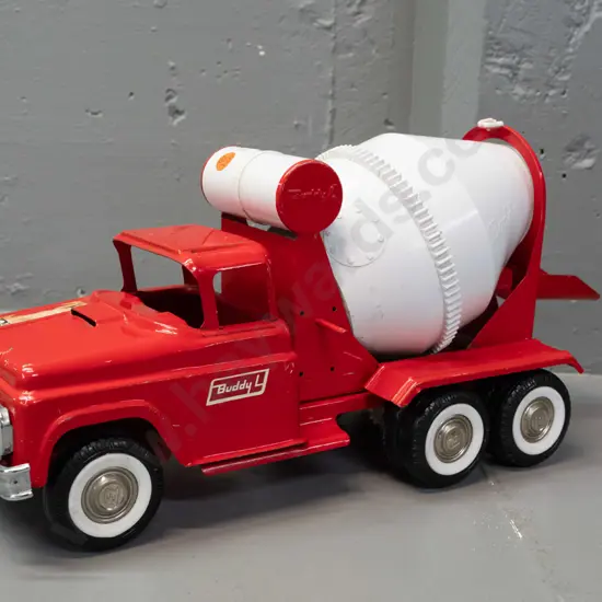 retro Buddy L tin and plastic concrete mixer - original funnel and possibly other pieces missing - some scratches and