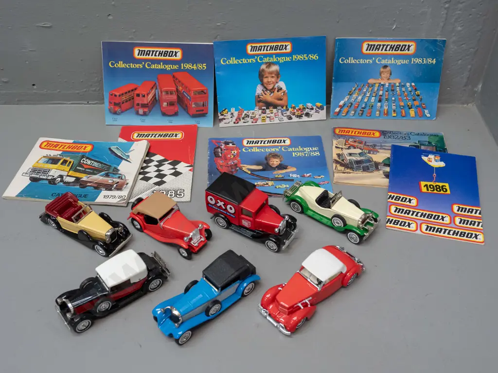 7 Matchbox Models of Yesteryear die-cast cars and 8 assorted Matchbox catalogues from 1979 thru 1988 Image 1++