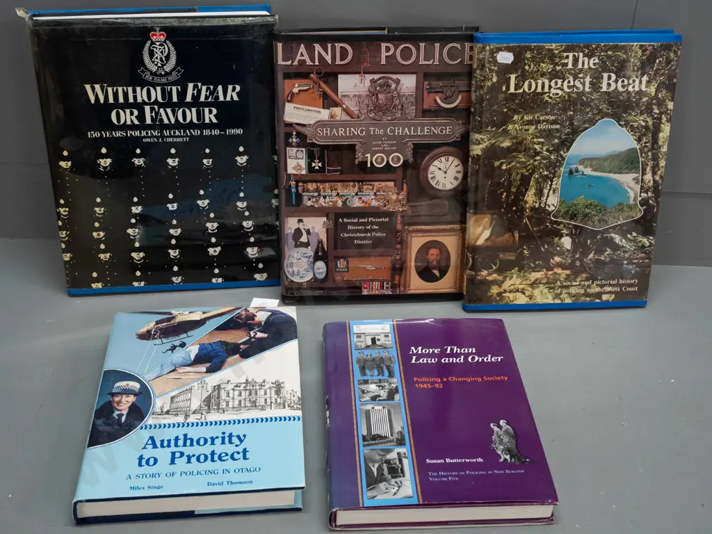5 books on New Zealand police history, 2 signed by authors, 3 with book guard on covers and some wear and tape residue Image 1++