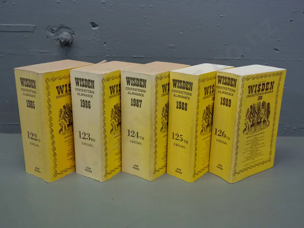 5 Wisden Cricketer's Almanack books - 1985 thru 1989 - some wear, fading & marks Image 1++