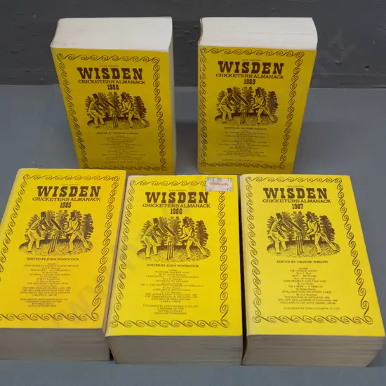 5 Wisden Cricketer's Almanack books - 1985 thru 1989 - some wear, fading & marks