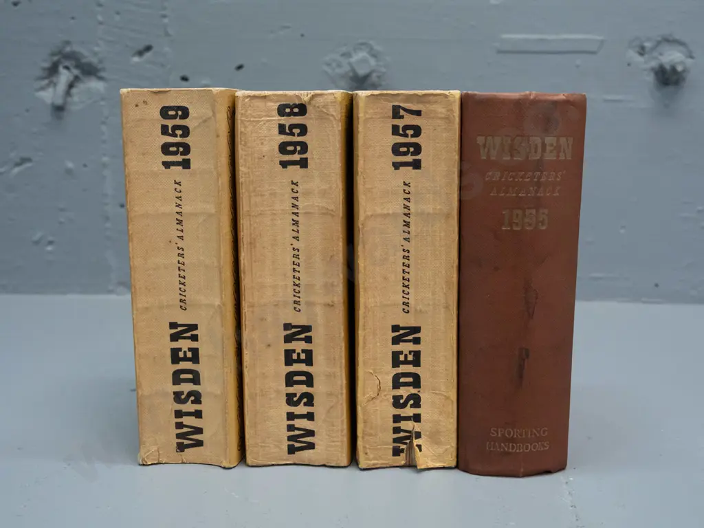4 Wisden Cricketer's Almanack books - 1955, 1957, 1958 & 1959 - some wear, fading & marks Image 1++