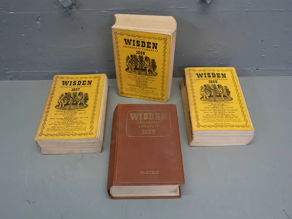 4 Wisden Cricketer's Almanack books - 1955, 1957, 1958 & 1959 - some wear, fading & marks Image 1++
