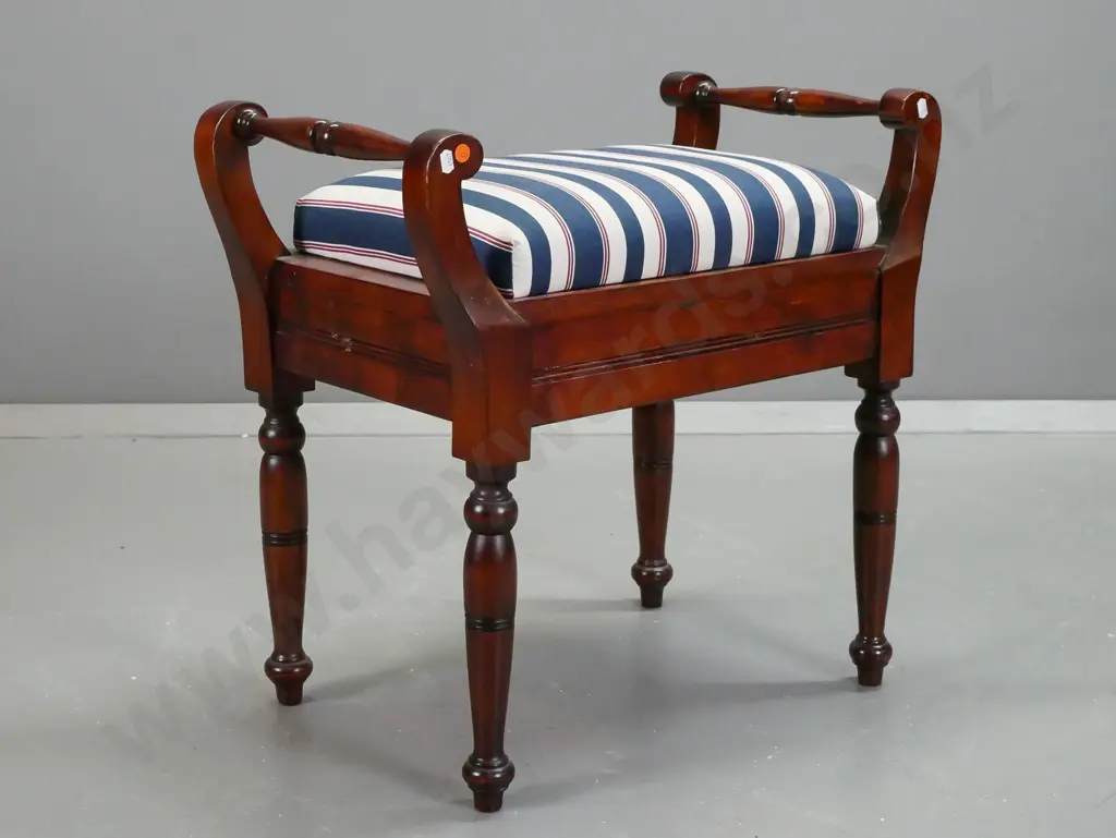 reproduction beech & mahogany piano stool with lift up seat, turned side rails and legs, striped fabric seat H-550 W-590 Image 1++