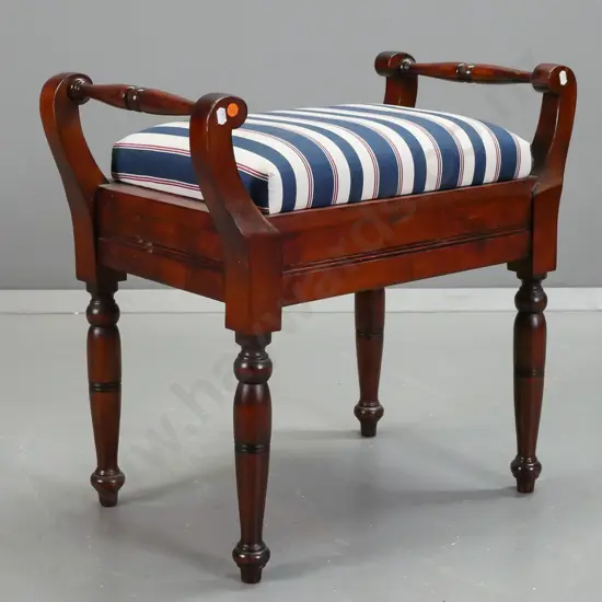 reproduction beech & mahogany piano stool with lift up seat, turned side rails and legs, striped fabric seat H-550 W-590