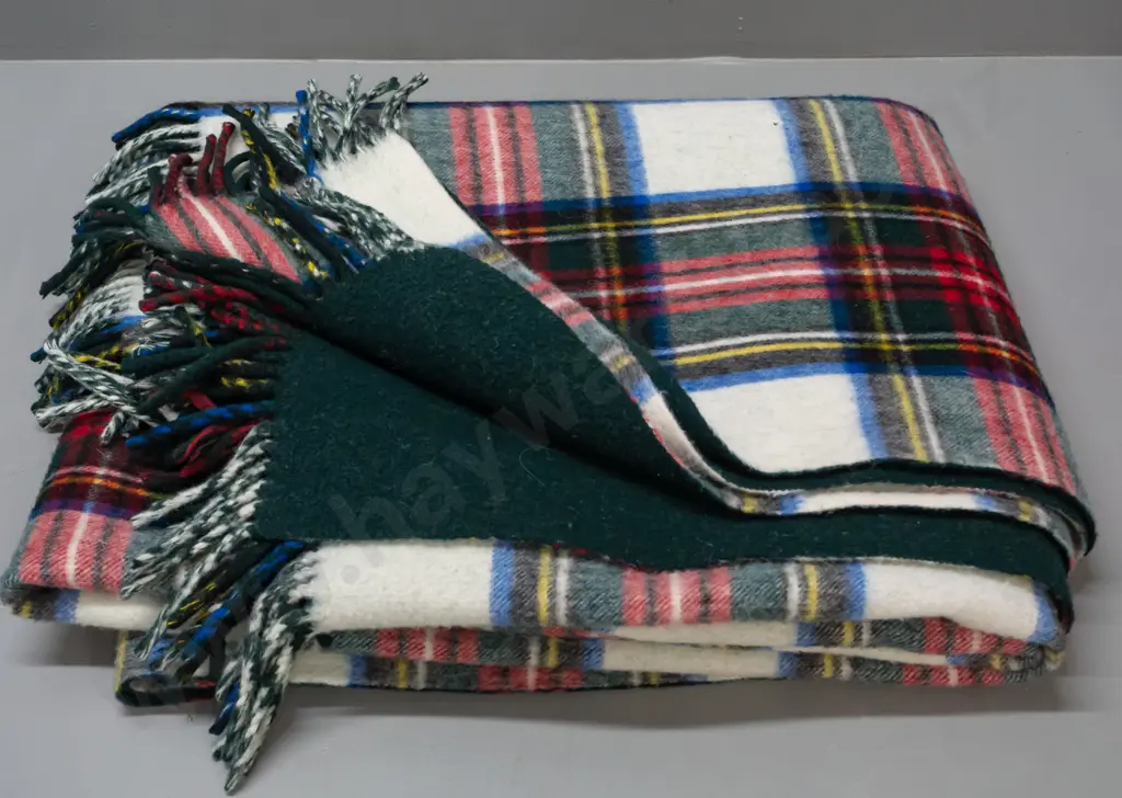 tartan woollen travel rug with Kaiapoi Woollen Christchurch Maori chief label - small area of wear, minor spot staining Image 1++