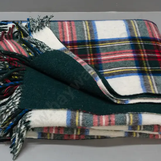 tartan woollen travel rug with Kaiapoi Woollen Christchurch Maori chief label - small area of wear, minor spot staining