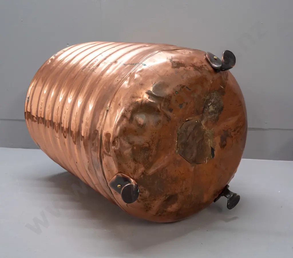 ribbed copper wood bin on 3 cast metal feet, original plumbing hole patched on bottom - a few dents H-530 D-390 Image 1++