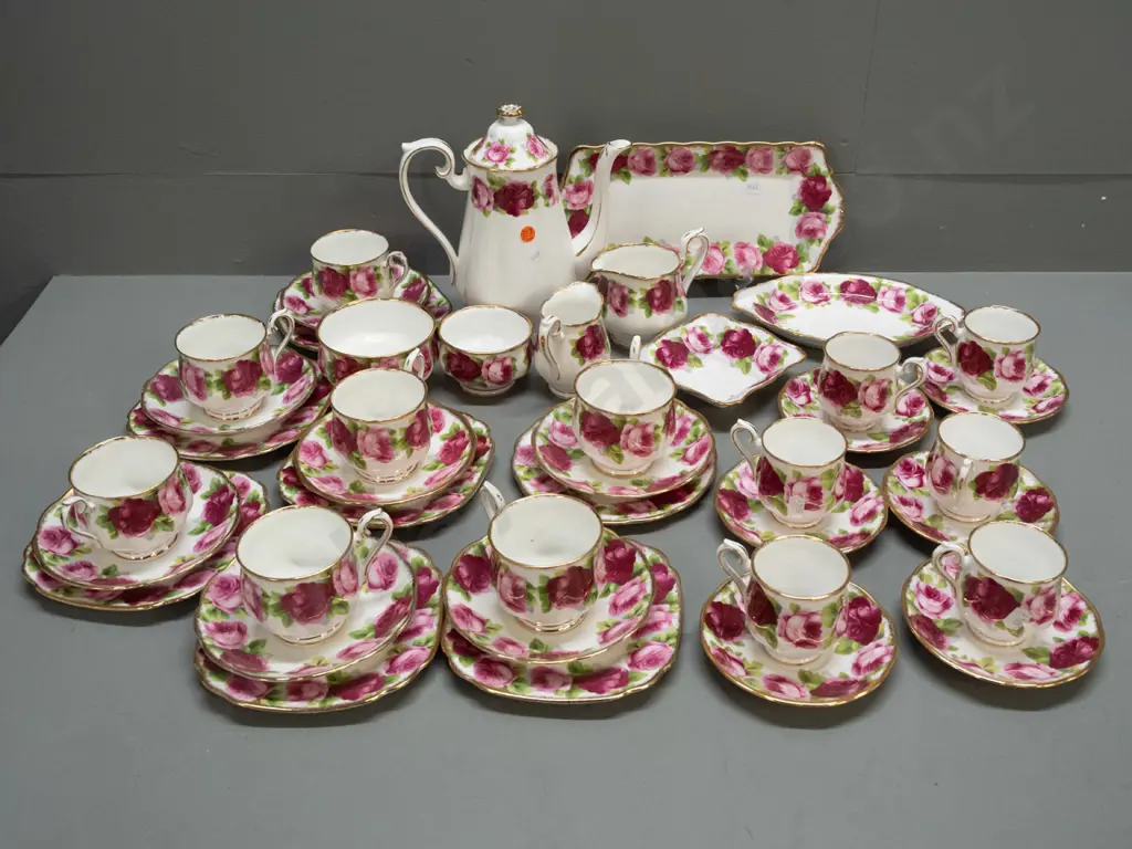 Royal Albert "Old English Rose" tea ware - tea / coffee pot H-225, 7 trios (one with round side plate) 6 coffee cups & Image 1++