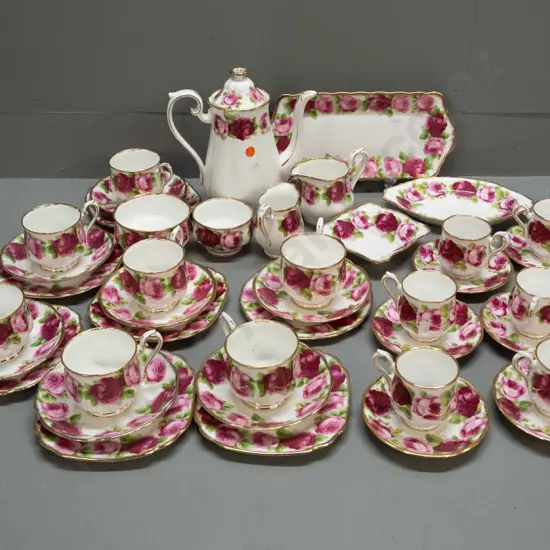 Royal Albert "Old English Rose" tea ware - tea / coffee pot H-225, 7 trios (one with round side plate) 6 coffee cups &