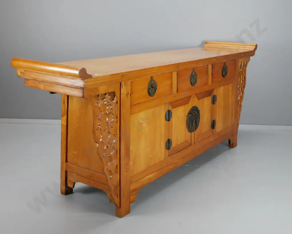 resurfaced vintage Chinese elm and mixed timbers large sideboard with scrolled end top, 3 drawers, 2 small cupboard Image 1++