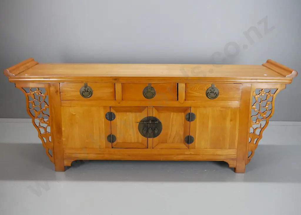 resurfaced vintage Chinese elm and mixed timbers large sideboard with scrolled end top, 3 drawers, 2 small cupboard Image 1++