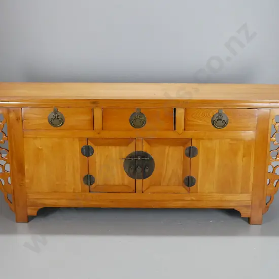 resurfaced vintage Chinese elm and mixed timbers large sideboard with scrolled end top, 3 drawers, 2 small cupboard