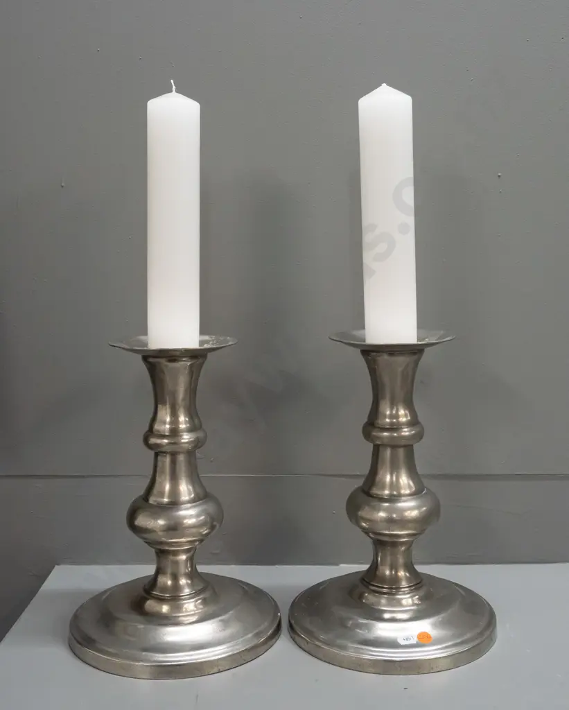 pair of large pewter candlesticks with candles - marked "95% Real Pewter" on base - some scratching and wear H-300 to Image 1++