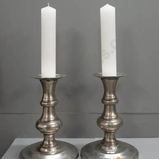 pair of large pewter candlesticks with candles - marked "95% Real Pewter" on base - some scratching and wear H-300 to