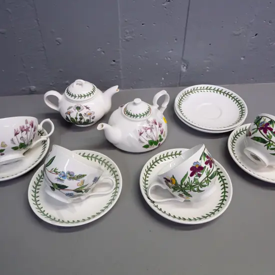 Portmeirion "The Botanic Garden" items - 2 small teapots, breakfast cup & saucer, 3 cups, 5 saucers - larger of teapots