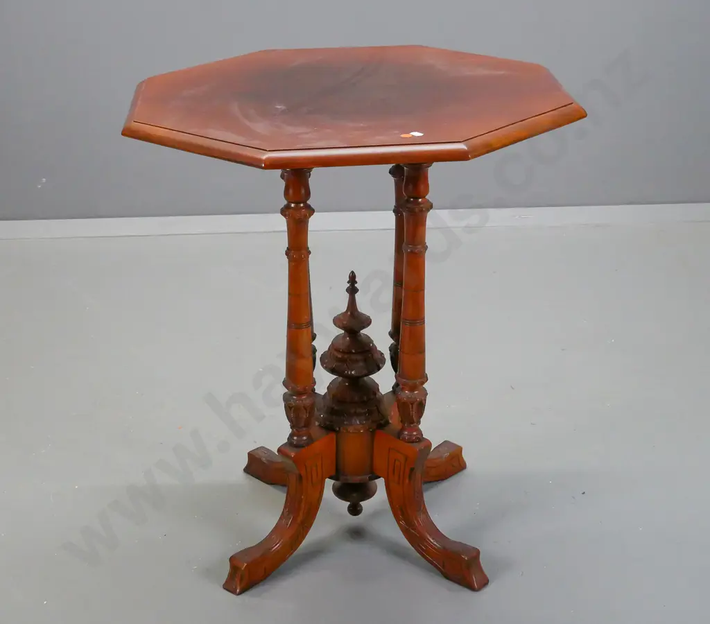 colonial kauri side table with octagonal top, cathedral 4-point base, turned and carved central finial. Fading on top, a Image 1++