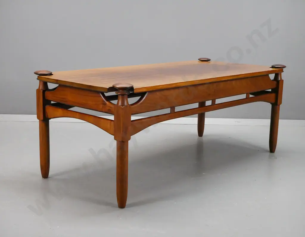 retro mahogany coffee table with round corner cutouts, turned mushroom shaped leg caps - fading and scratching to top Image 1++