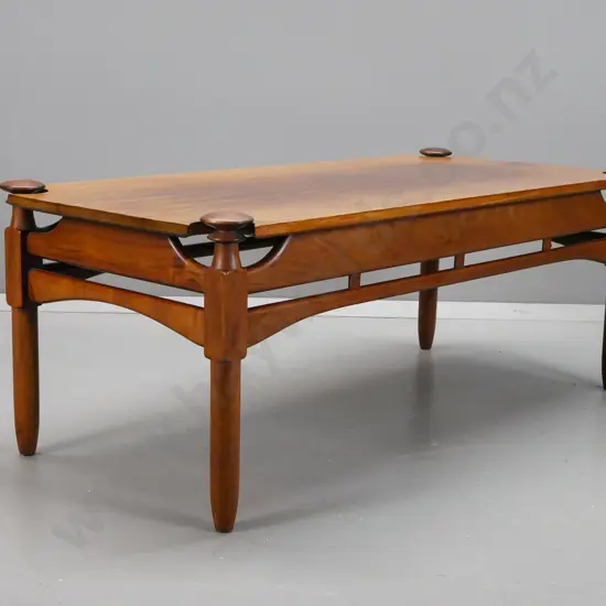 retro mahogany coffee table with round corner cutouts, turned mushroom shaped leg caps - fading and scratching to top