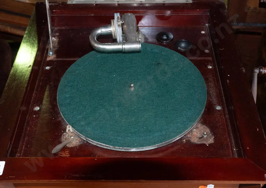 vintage wind-up gramophone in mahogany cabinet with 2 door record storage cupboard and 2 speaker cabinet doors, one w/ Image 1++