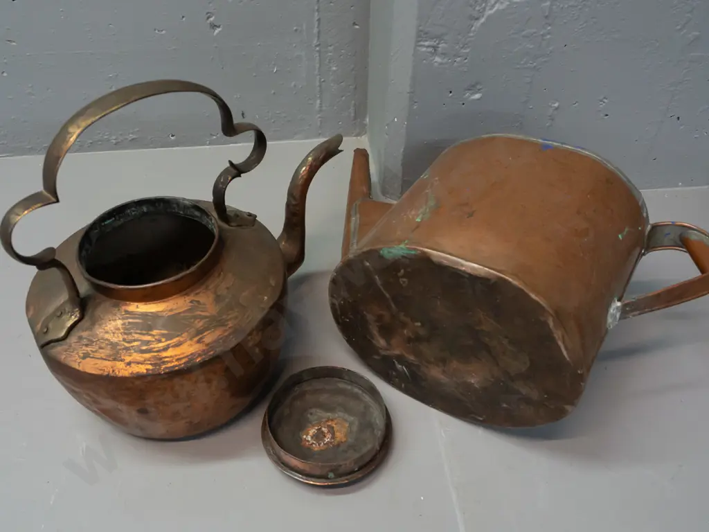 two vintage copper items: watering can & kettle. Both w/damage & repairs. Kettle height to handle 325, length 380 Image 1++