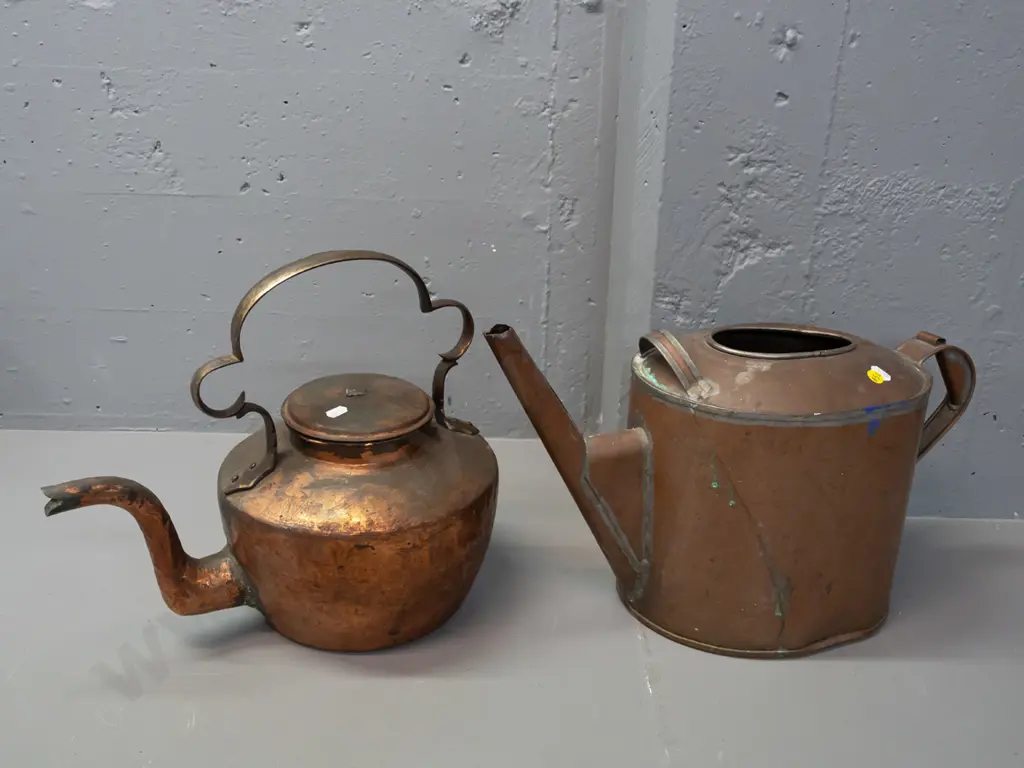 two vintage copper items: watering can & kettle. Both w/damage & repairs. Kettle height to handle 325, length 380 Image 1++