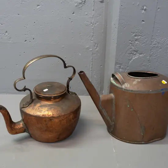 two vintage copper items: watering can & kettle. Both w/damage & repairs. Kettle height to handle 325, length 380