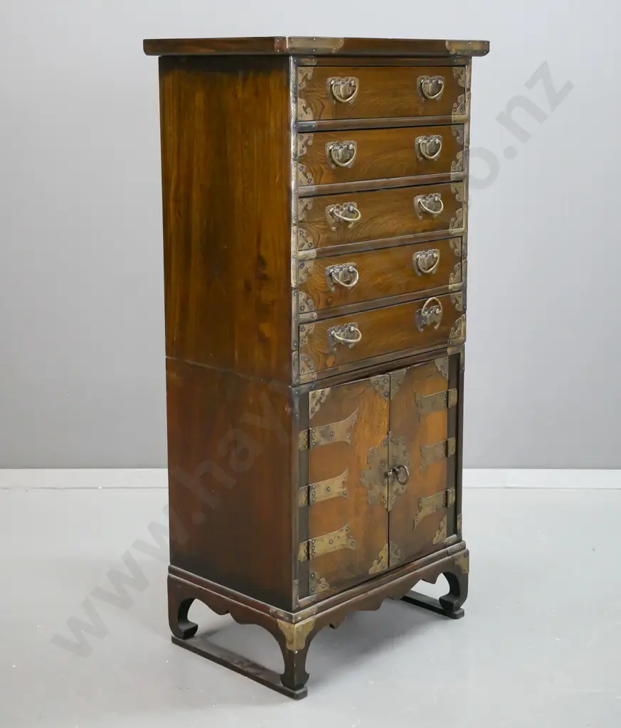 reproduction Chinese elm & mixed timber 2-section chest over cupboard - 5 drawers, 2 doors, shaped bracket feet, Image 1++