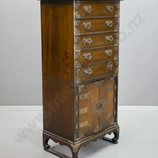 reproduction Chinese elm & mixed timber 2-section chest over cupboard - 5 drawers, 2 doors, shaped bracket feet,