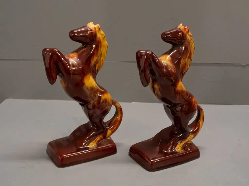 2 Blue Mountain brown and ochre rearing horse figures H-230 Image 1++