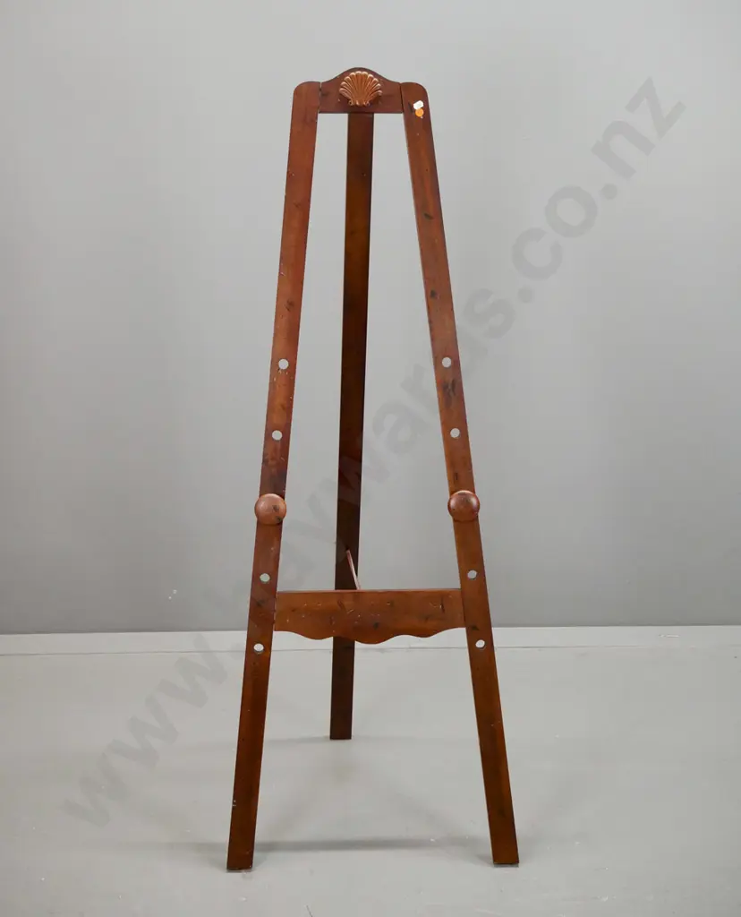 reproduction easel with antiqued surface, turned knob supports, shell motif at top. Loose joints & hinge could use some Image 1++