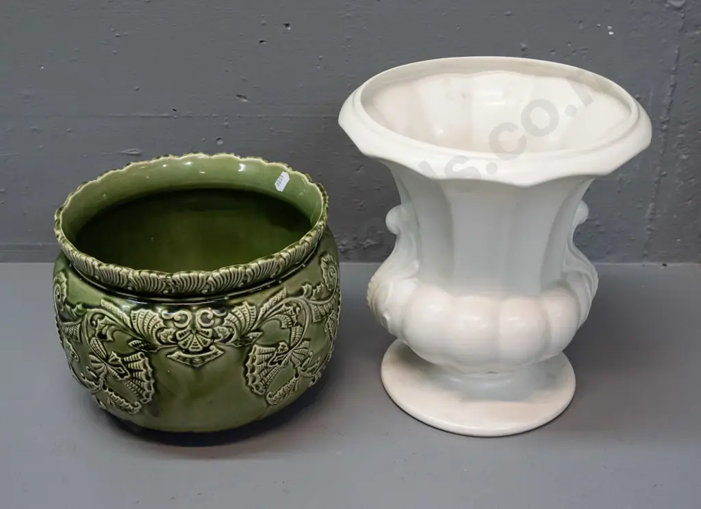 Beswick large handled urn vase H-260 D-240 and a green majolica jardiniere marked "Thistle" on base Image 1++