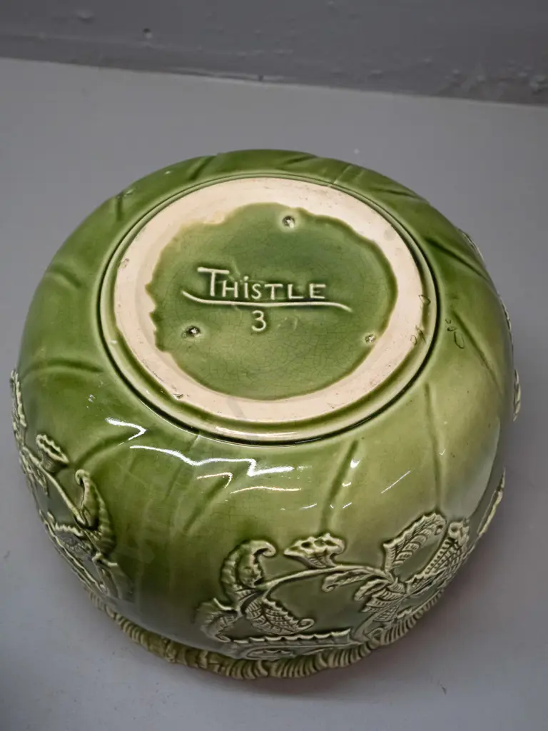 Beswick large handled urn vase H-260 D-240 and a green majolica jardiniere marked "Thistle" on base Image 1++