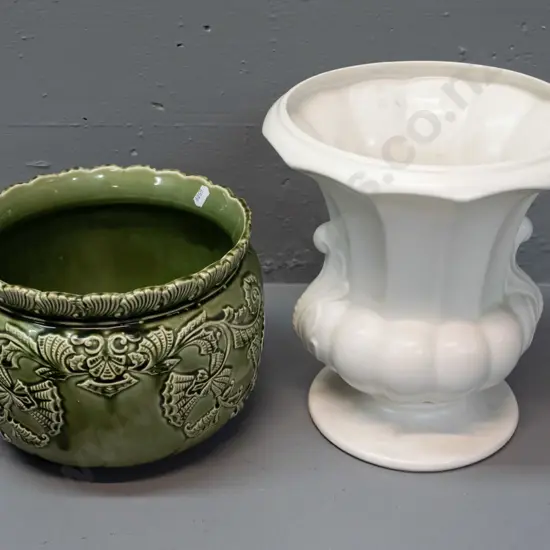 Beswick large handled urn vase H-260 D-240 and a green majolica jardiniere marked "Thistle" on base