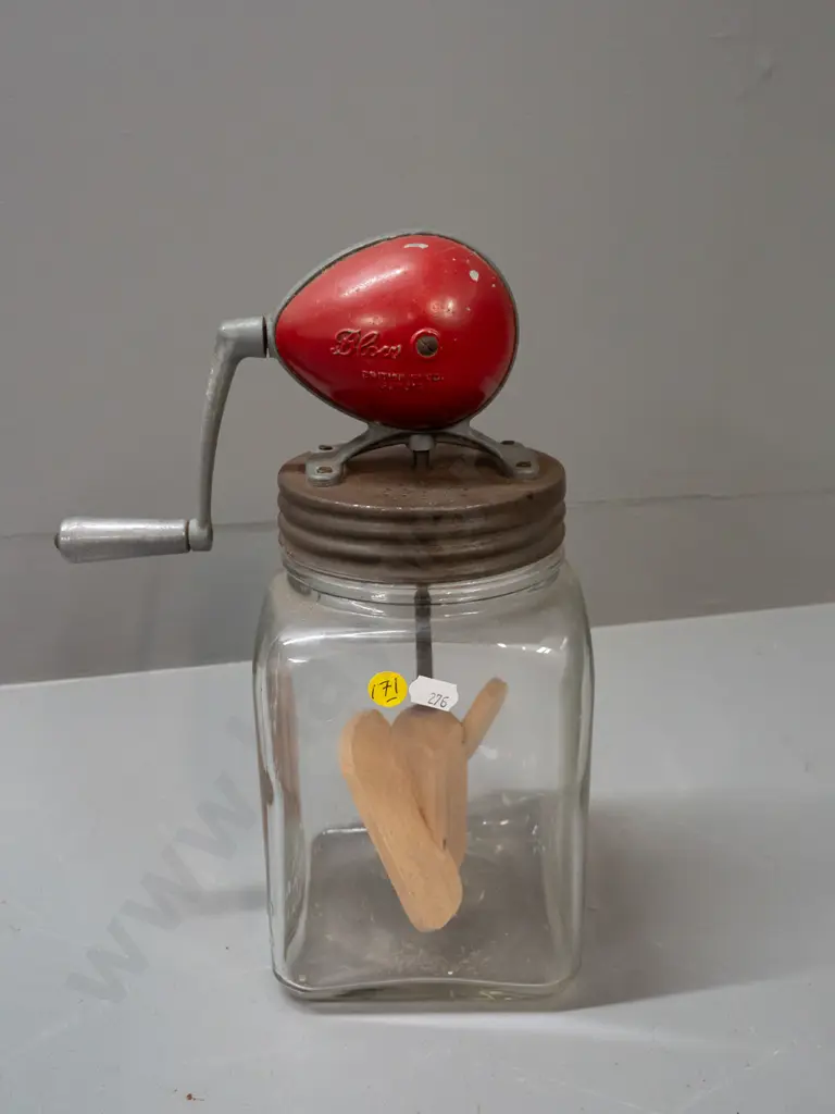 vintage "Blow" English butter churn jar with alloy crank handle mechanism and wooden paddle H-320. Some corrosion to lid Image 1++