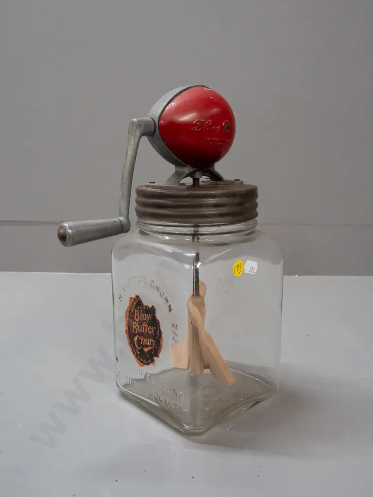 vintage "Blow" English butter churn jar with alloy crank handle mechanism and wooden paddle H-320. Some corrosion to lid Image 1++