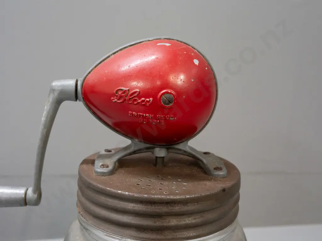 vintage "Blow" English butter churn jar with alloy crank handle mechanism and wooden paddle H-320. Some corrosion to lid Image 1++