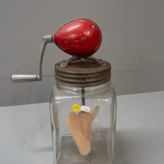 vintage "Blow" English butter churn jar with alloy crank handle mechanism and wooden paddle H-320. Some corrosion to lid