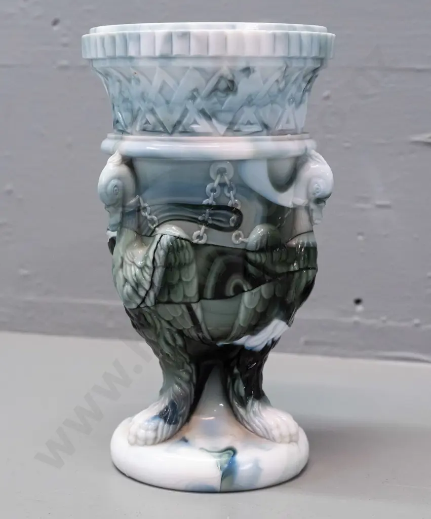 2 pieces of glass - ridged glass match/vesta holder with hallmarked sterling silver liner and a marbled slag glass Image 1++