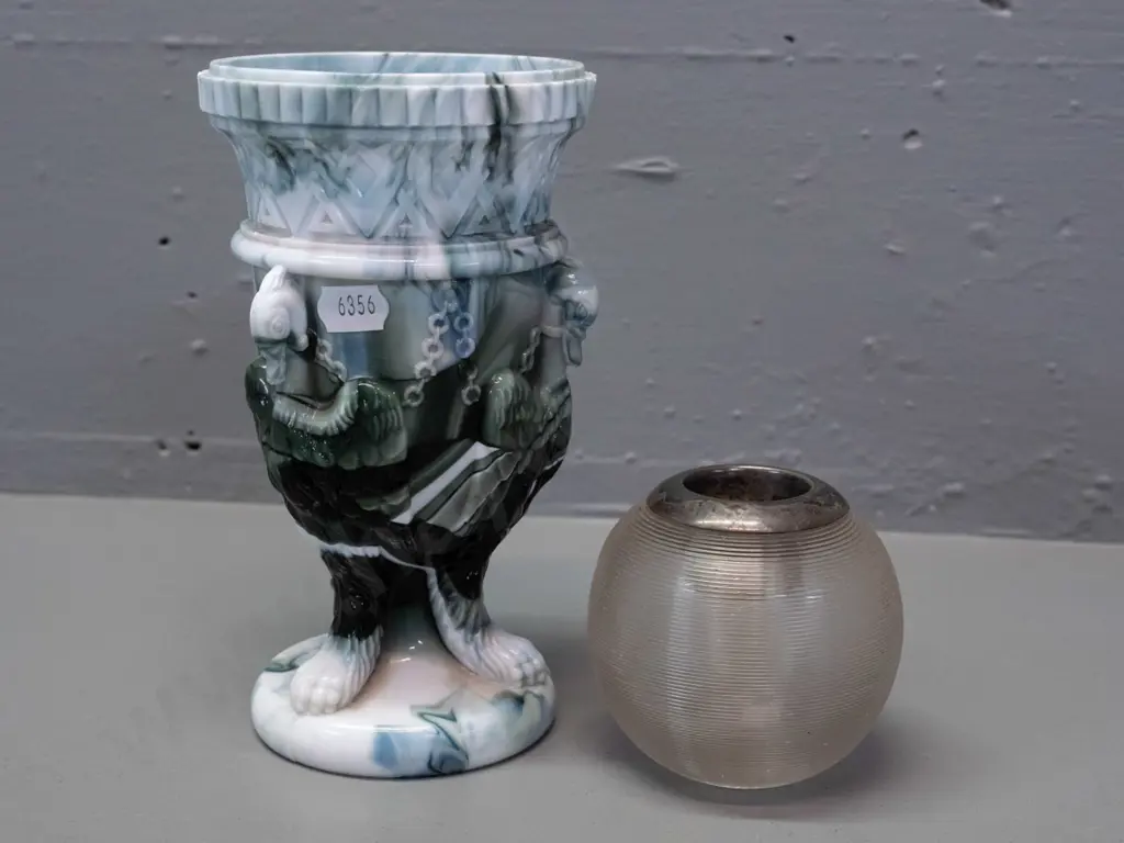 2 pieces of glass - ridged glass match/vesta holder with hallmarked sterling silver liner and a marbled slag glass Image 1++