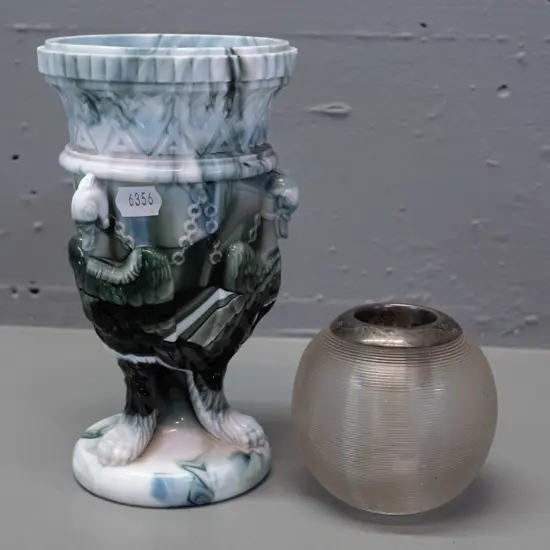 2 pieces of glass - ridged glass match/vesta holder with hallmarked sterling silver liner and a marbled slag glass