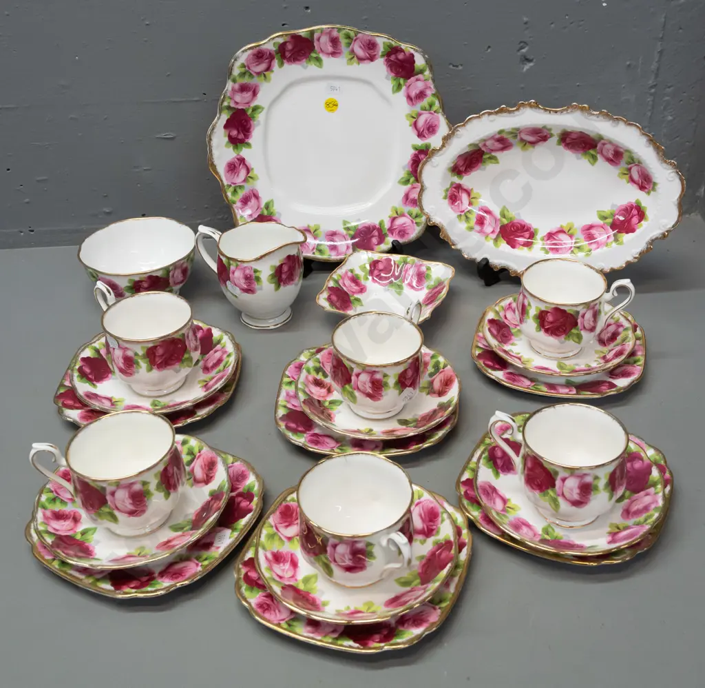 Royal Albert tea set - 6 trios, cream, sugar, cake plate D-250 and 2 others - some wear to gilt on cake plate Image 1++