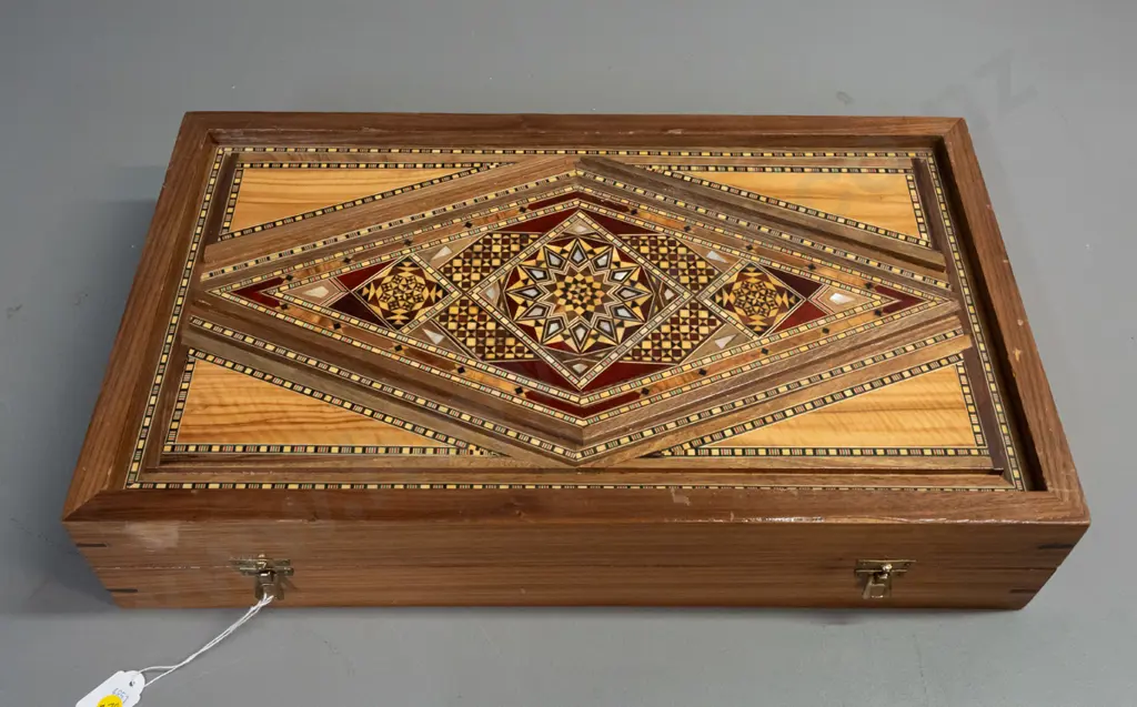 Syrian intricately inlaid mixed timber and mother of pearl backgammon set w/ tigers eye and lapis lazuli playing pieces. Image 1++
