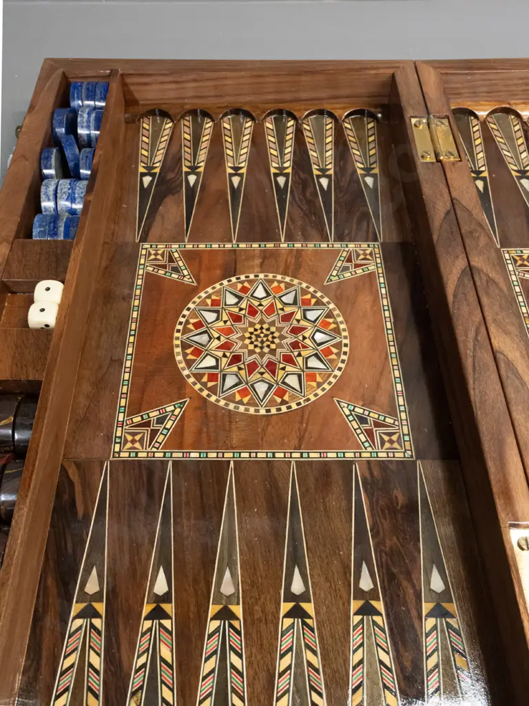 Syrian intricately inlaid mixed timber and mother of pearl backgammon set w/ tigers eye and lapis lazuli playing pieces. Image 1++